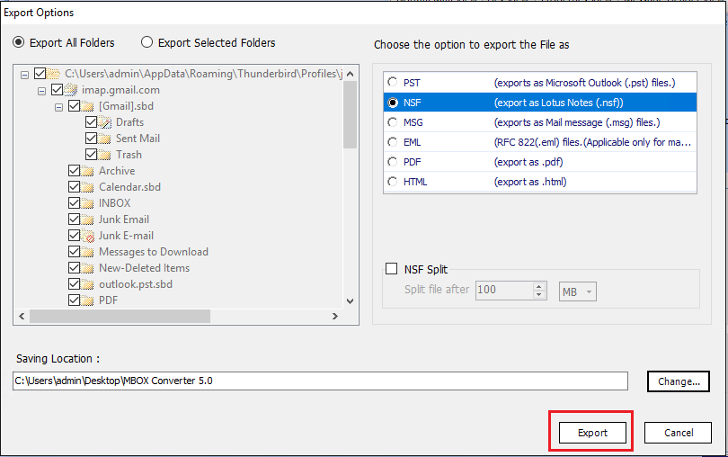 export mbox files to nsf